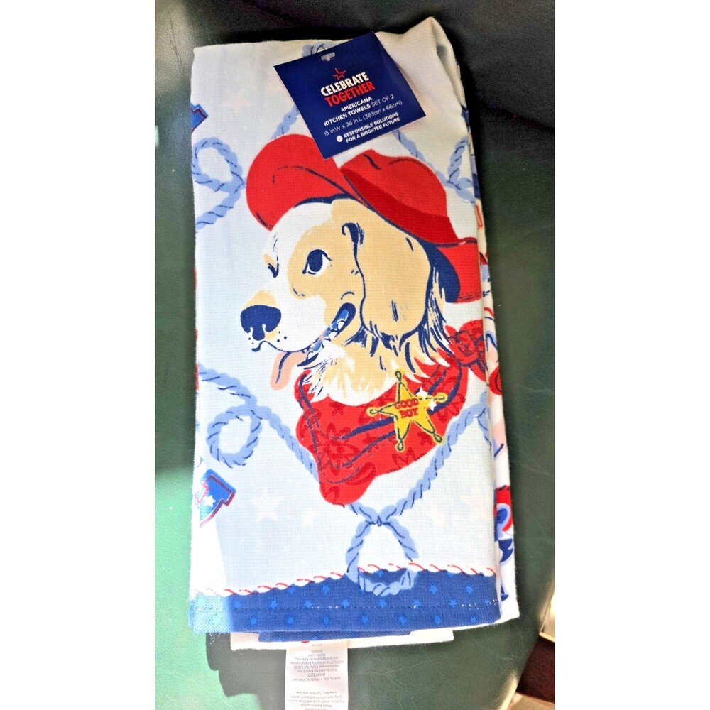 Celebrate Together Americana Kitchen Towels Dogs Set of 2 New w Tags